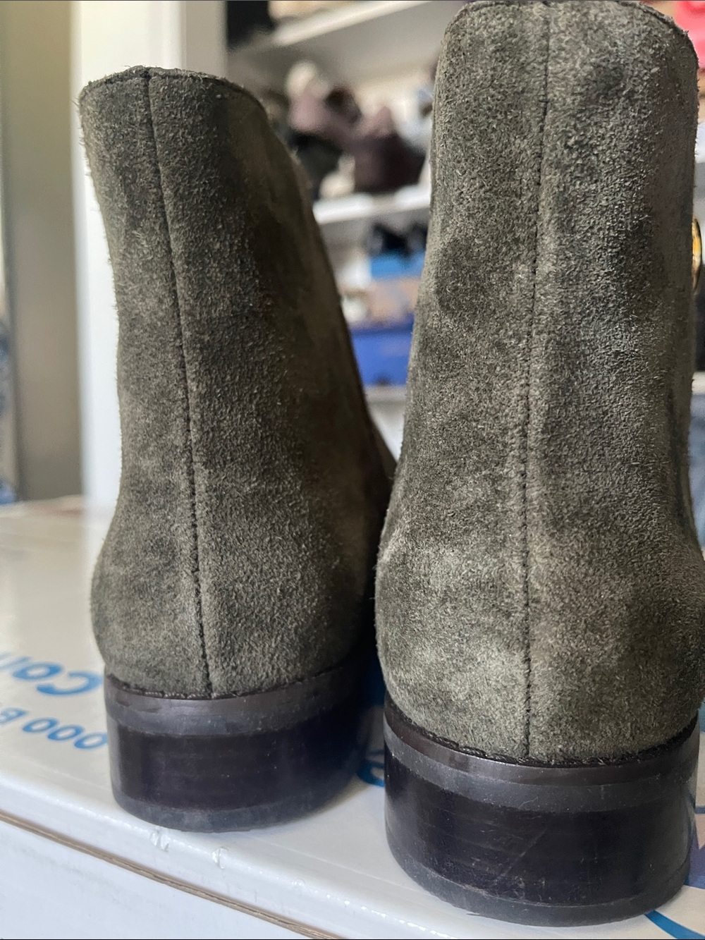 Michael Kors Dark Olive Suede Ankle Booties with Gold MK Zip Pull - Picture 2 of 5